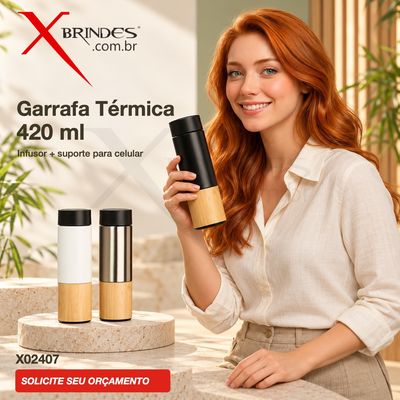 Conheça o Brinde Garrafa Térmica 420 ml com Infusor e Suporte X02407