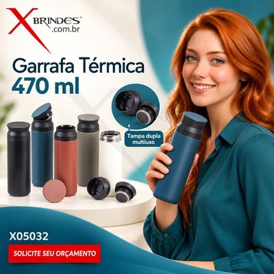 Conheça o Brinde Garrafa Térmica 470 ml com Tampa Dupla Multiuso X05032
