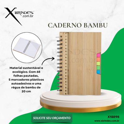 Conheça o Brinde CADERNO A5 COM 5 MARCADORES 68 FOLHAS DE BAMBU 20X14CM X18898 