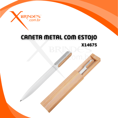 Conheça o Brinde Caneta Corpo de Metal com detalhes em bambu e estojo de papel X14675