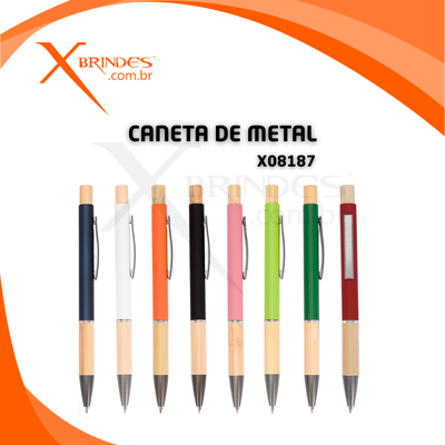 Conheça o Brinde Caneta de Metal com Detalhes em Bambu Carga cor Azul X08187