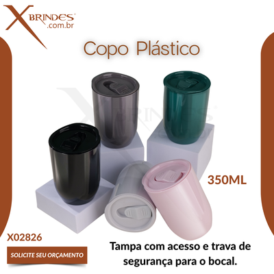 Copo plástico 350ml com tampa de pressão com trava X02826