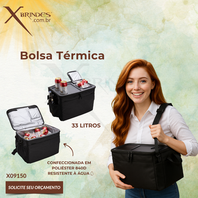 Conheça o Brinde Bolsa térmica confeccionada em poliéster 840D capacidade de até 33 litros X09150