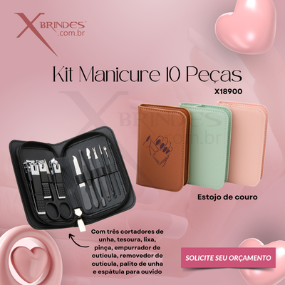 Conheça o Brinde KIT MANICURE 10 PEÇAS EM ESTOJO DE COURO SINTETICO X18900