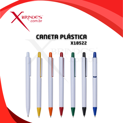 Caneta plástica Modelo Basico corpo branco detalhes coloridos X18522