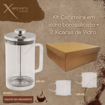Conheça o Brinde Kit Cafeteira em vidro borossilicato + 2 Xícaras de Vidro X94295