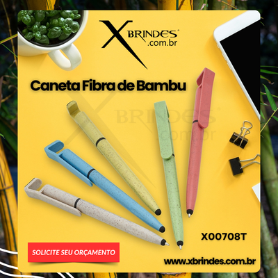 Conheça o Brinde CANETA FIBRA DE BAMBU TOUCH COM SUPORTE PARA CELULAR X00708T 