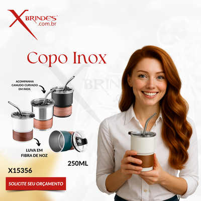 Conheça o Brinde Copo em inox 304 de 250 ML Com Canudo Curvado em Inox X15356